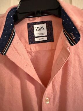 Zara Pink Button-Up Shirt with Navy Polka Dot Inner Collar